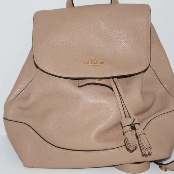 Coach Pebbled Leather Drawstring Backpack Taupe Beige - Picture 6 of 16